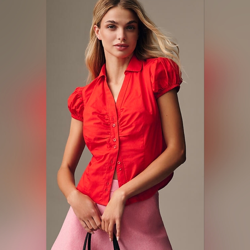 Anthropologie Maeve Bright Red Puff Sleeve Blouse